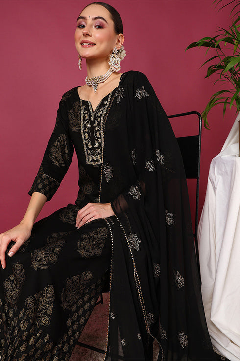 Plus Size Black Viscose Rayon Solid Woven Design Straight Suit Set